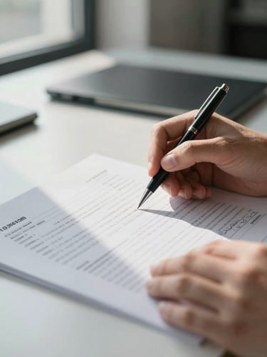 Close-up of hands reviewing a printed financial report on a desk, a pen held in one hand mid-review, natural window light from the left casting a gentle shadow across the document, cool daylight tone, quiet office background slightly out of focus