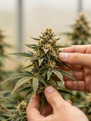 Close-up macro photography of a master grower's hands gently inspecting a rich, trichome-covered cannabis flower inside a warm, sunlit greenhouse, shallow depth of field, 35mm
