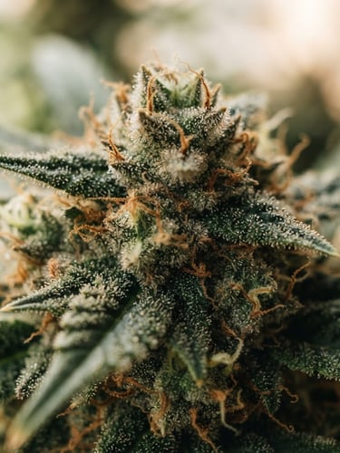 Macro photograph of a rich, trichome-covered cannabis bud, soft natural window light, deep forest green and warm cream tones, shallow depth of field, 35mm