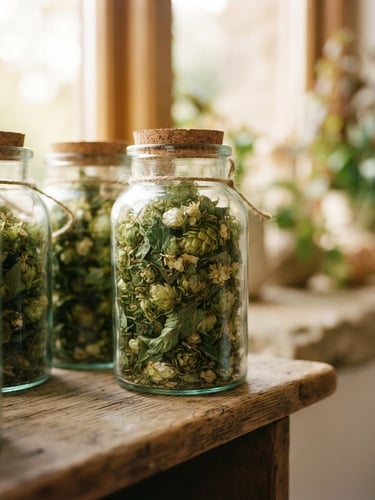 A warm, close-up 35mm photograph of clean botanical glass jars filled with rich green flower on a wooden shelf, soft natural window light, shallow depth of field.