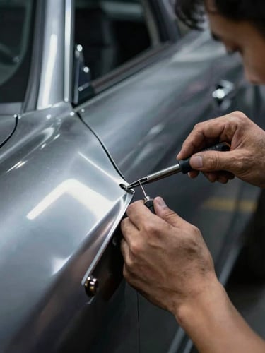 Close-up of a skilled technician's hands precisely aligning a body panel in a well-lit workshop, focus on the tools and the metallic surface, high-contrast, deep shadows, 50mm lens