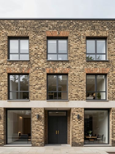Straight-on architectural facade of a modern brick townhouse in London, clean lines, diffused natural daylight, neutral tones, 35mm lens
