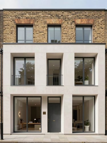 Exterior facade of a modern brick townhouse in London, clean architectural lines, straight-on perspective, soft natural daylight, high-end real estate