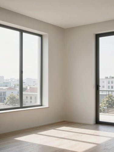 Bright airy modern apartment interior with clean architectural lines, natural diffused daylight streaming through large windows, neutral tones, 35mm lens.