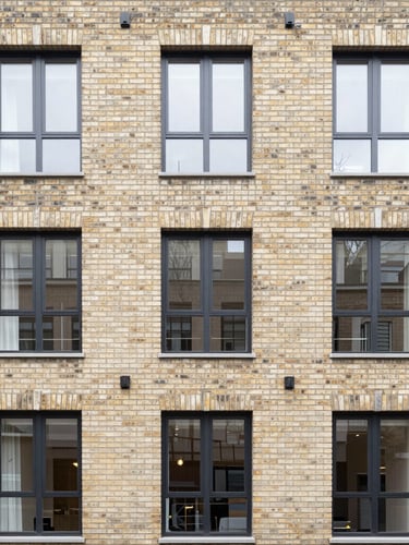 Straight-on architectural photography of a modern brick residential facade in London, natural diffused daylight, clean straight lines, neutral tones, 35mm lens