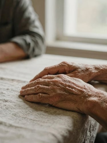 Close-up of hands of an elderly person and a middle-aged adult resting on a textured linen tablecloth, soft natural window light, warm earth tones, shallow depth of field