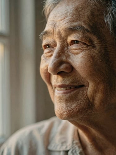 Warm close-up of an elderly parent smiling naturally, soft golden hour window light, shallow depth of field, muted linen textures, highly detailed, 35mm film feel.
