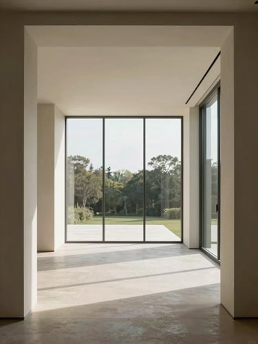 Wide architectural interior framed from the entry threshold looking through a residence corridor toward full-height glazing, soft north-facing daylight washing across pale stone flooring, clean ceiling plane with a recessed shadow line, no furnishings, no people — proportion and calm as the subject