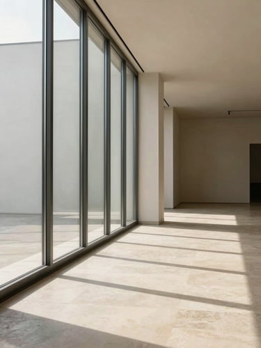 Wide interior architectural detail — a floor-to-ceiling window reveals a clean sight line through an empty corridor, warm diffused north-facing daylight raking across pale stone flooring, the far wall receding into soft shadow, no people, no furnishings, only proportion and light
