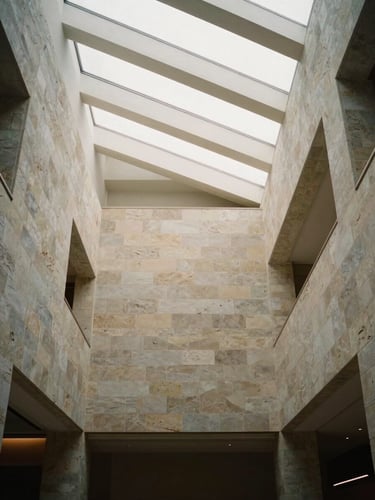 Tall portrait view looking up through a double-height clubhouse atrium, clean geometric ceiling ribs catching soft diffused daylight, stone-clad walls, no people, warm gray and cream tones, architectural calm