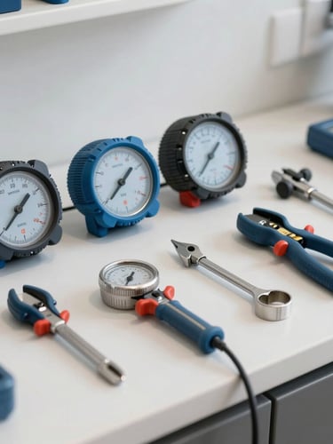 A neatly organized toolkit with professional diagnostic meters and tools resting on a clean, bright utility room counter, sharp focus, 50mm lens.