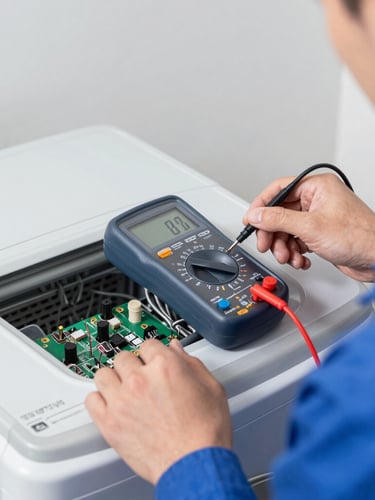 Macro shot of a technician in a clean uniform using a digital multimeter to test a modern washing machine control board, crisp blue and silver tones, neutral daylight.