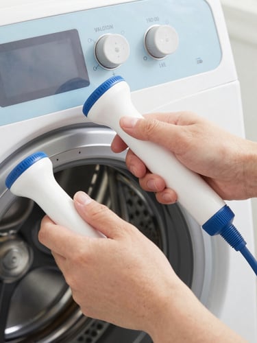 Close-up of clean hands using professional diagnostic tools on a modern washer control panel, bright neutral daylight, crisp blue and silver tones