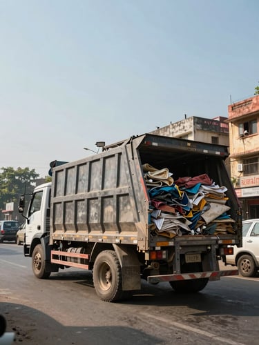 Wide environmental shot, a fully loaded scrap-collection truck parked on a busy Delhi street in natural midday daylight, driver's side door visible, sorted materials stacked in the open bed, residential buildings in the background right third, generous sky above