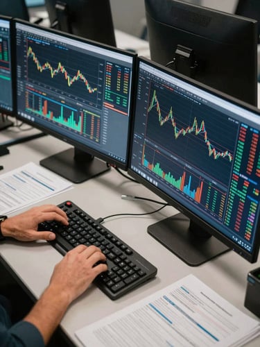 Overhead tight shot of a research desk with multiple monitors displaying dense market data charts and quantitative model outputs, hands partially visible at keyboard, cool institutional overhead lighting, no faces, documents and printed graphs beside screens