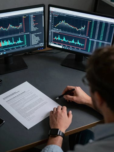 Tight overhead shot of a researcher's desk — multiple screens displaying quantitative portfolio charts, a signed institutional document partially visible, cool directional studio lighting, charcoal surface, no human faces, deep navy and grey tones