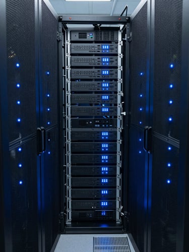 Wide environmental shot of a high-density server rack installation inside a university research facility, cool directional overhead lighting, blue-tinted ambient glow from equipment indicators, tight rows of rack-mounted hardware receding into depth, no people, no signage