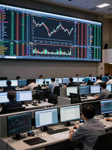 Wide environmental shot of a formal trading floor control room, multiple large monitors displaying dense financial data charts, directional cool studio lighting illuminating rows of workstations from above, deep-focus architectural framing, no people visible, institutional precision