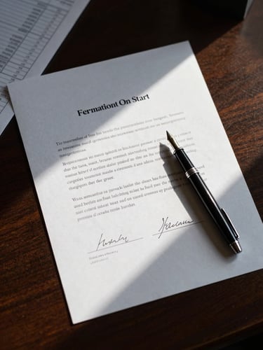 Close overhead framing of a formal partnership document on a dark mahogany desk, a fountain pen resting beside official signatures, directional cool studio strobe casting sharp shadows across the paper surface, one corner of a financial chart visible at the frame edge