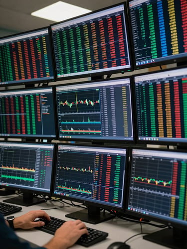 Tight overhead shot of multiple trading monitors displaying dense numerical data and price charts, hands resting at keyboard edge, cool directional studio lighting from above, no smiling faces, no abstract visualizations, institutional research environment