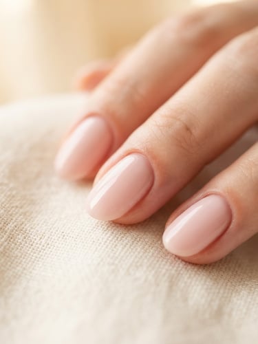 Extreme close-up macro shot of a pristine structured gel manicure in soft blush pink, hand resting on delicate cream linen under warm diffused window light