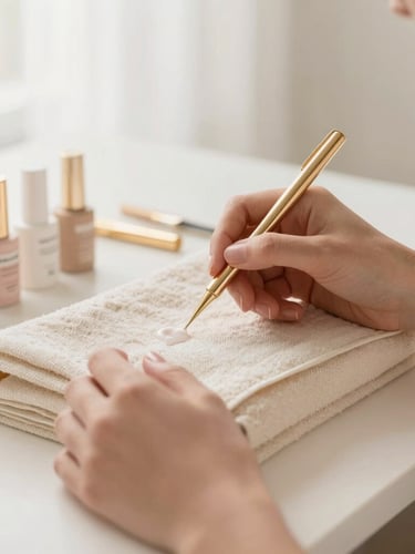 A warm, soft-focus portrait of a nail artist's clean, minimalist workstation, featuring delicate gold accents, cream linen towels, and premium gel bottles under soft, warm indirect studio lighting
