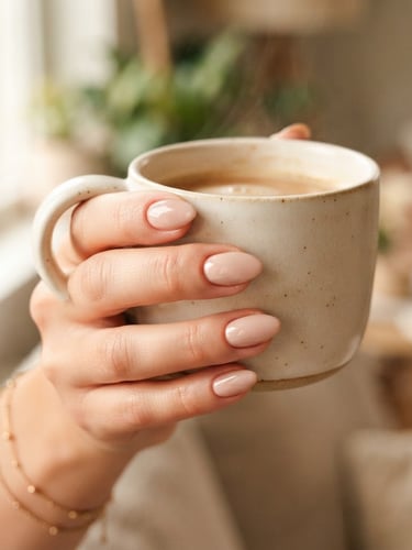 Macro close-up of beautifully manicured nails with clean cuticle work holding a delicate cream ceramic mug, soft diffused window light, shallow depth of field, warm tones