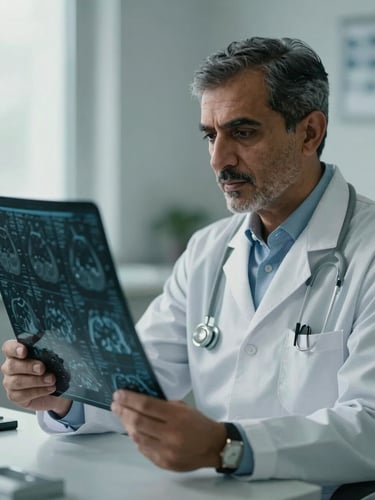 Medium-close portrait of Dr. Shah in quiet, focused consultation, reviewing a medical scan under soft natural daylight, slate blue tones.