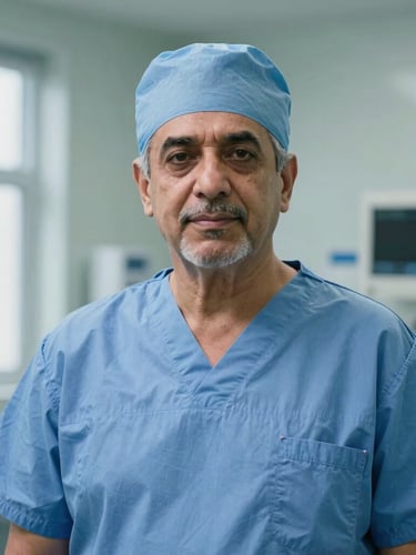Medium-close portrait of Dr. Shah, a senior surgical oncologist in clean surgical scrubs, looking directly at the camera with a calm, authoritative expression. Soft daylight from a side window, sterile clinical interior background out of focus.
