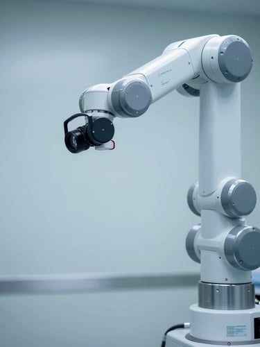 Abstract close-up of a state-of-the-art robotic surgical arm, sterile metallic surfaces, soft blue and white clinical lighting, clean composition with generous negative space on the left.