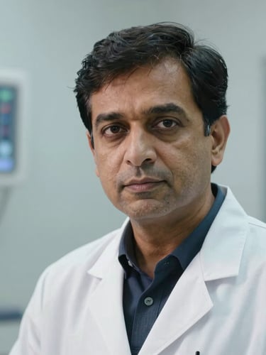 Medium close-up of Dr. Rutesh Shah in a sterile white consultation room, looking directly at the camera with an authoritative and focused expression, cool daylight.