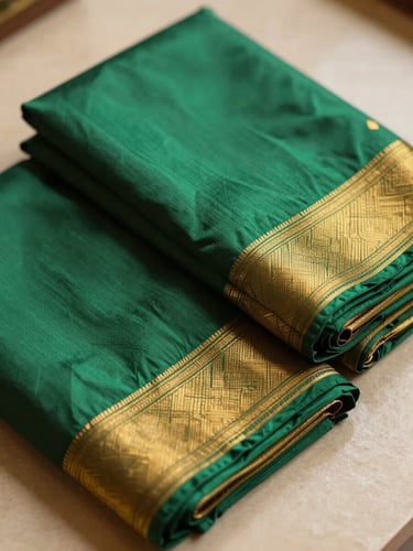 Warm editorial photography of neatly folded silk sarees in deep emerald and marigold, soft natural daylight highlighting genuine zari weaves.