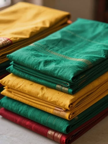 Neatly folded stacks of wholesale sarees and textiles in vibrant emerald, marigold, and crimson, natural morning light, shallow depth of field