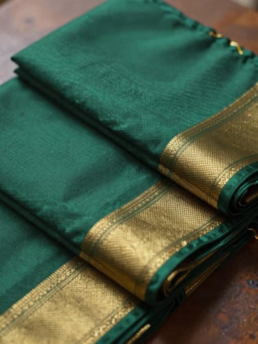 Warm editorial photography of neatly folded heritage silk sarees in deep emerald and gold, soft side daylight, 35mm