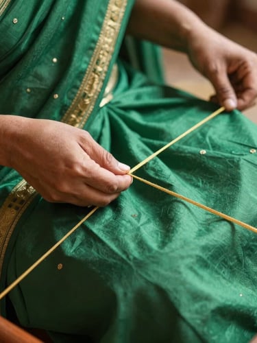 Close-up of a handloom weaver's hands guiding golden zari threads through a deep emerald silk saree, warm natural morning light, shallow depth of field, 35mm