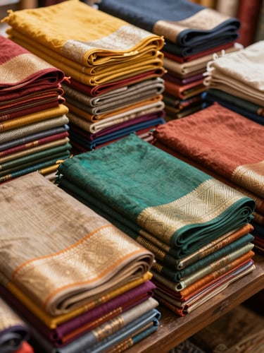 Neatly folded stacks of colorful traditional cotton and silk sarees in a warm, sunlit textile showroom, highlighting rich textures and authentic regional patterns, 35mm