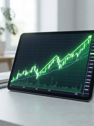 Macro shot of a clean tablet screen displaying a green upward financial chart, bright natural daylight, minimalist office background