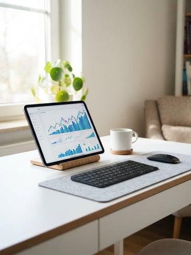 Bright natural daylight workspace, minimalist desk with a clean digital tablet showing financial growth charts, soft shadows, professional fintech aesthetic