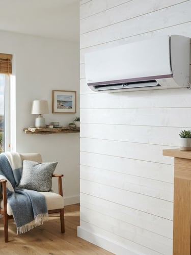 A clean, modern mini-split indoor head mounted on a bright white wall in a cozy Maritime home, natural daylight, sharp focus.