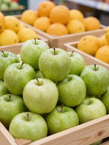 Medium portrait shot of beautifully stacked fresh green apples and golden citrus fruits in clean wooden crates, bright natural lighting, shallow depth of field.