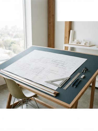 Wide shot of a clean, minimalist architectural drafting table with precise blueprints and drafting tools under sharp natural daylight, high-contrast slate and white tones, crisp focus, 35mm lens