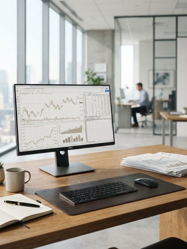 Escritório corporativo moderno e profissional, ambiente de trabalho limpo e organizado, luz natural brilhante, com um monitor exibindo gráficos financeiros e documentos sobre uma mesa de madeira.