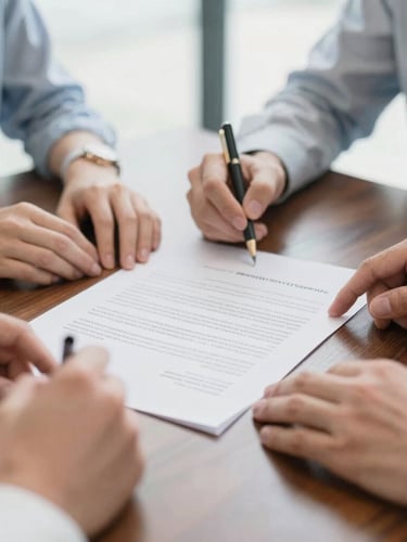 Close-up of diverse hands reviewing a signed contract on a polished dark wood table, focus on the document, bright natural office light, clean neutral tones, shallow depth of field, 35mm