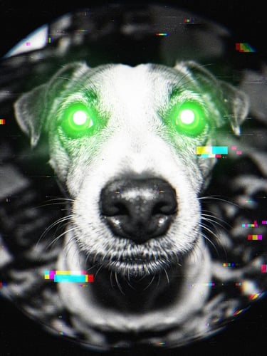 Extreme fish-eye lens close-up of a Jack Russell terrier with glowing neon green eyes, glitch distortion effects, harsh flash photography, early-internet brutalist aesthetic.