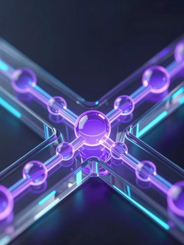 Macro close-up of a sleek 3D render showing glowing violet data nodes flowing through transparent glass channels, dark futuristic tech aesthetic, ultra-detailed, octane render