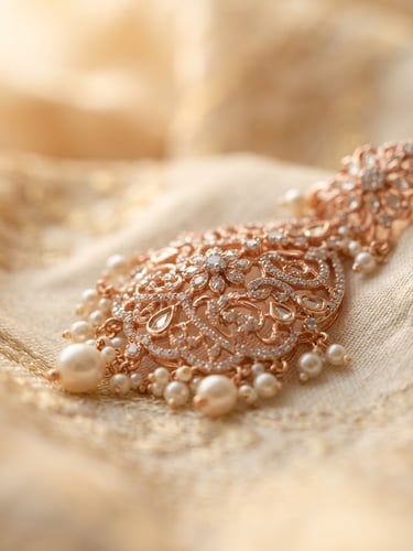 Close-up macro shot of intricate rose gold bridal jewellery, warm diffused golden-hour window light, soft-focus silk saree drape in the background
