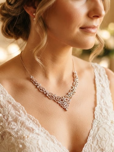 Close-up macro shot of a bride wearing a detailed rose gold necklace, warm diffused golden-hour window light highlighting the intricate stone settings, soft-focus background.
