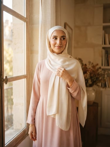 Warm editorial photography of a woman wearing an elegant, soft blush pink modest garment and a cream silk scarf, draped gracefully, soft golden hour window light, 35mm