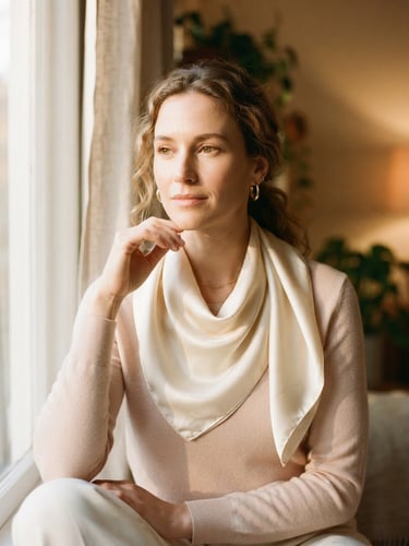 Warm editorial photography, soft golden hour window light, a woman wearing an elegant cream-colored silk scarf draped gracefully, soft shadows, 35mm