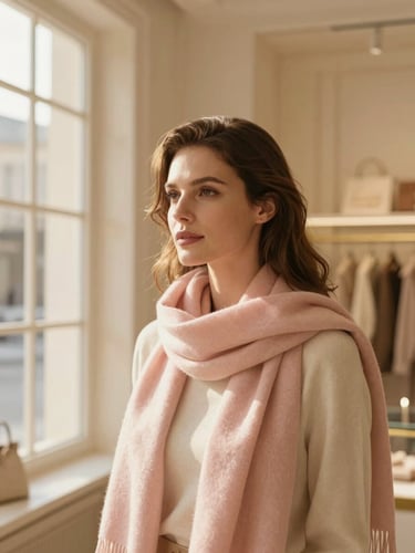 Warm editorial photography, soft golden hour window light, cream and blush tones, shallow depth of field, 35mm. An elegant woman wearing a premium soft pink scarf, looking thoughtfully off-camera in a beautifully lit cream-toned boutique interior.